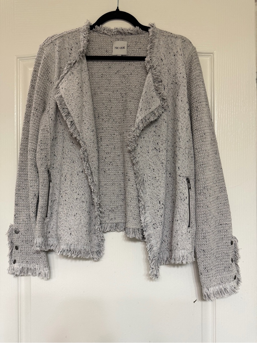 NIC+ZOE Fringe Mix Knit Open Front Jacket XL Gray Tweed Boucle Blazer Cardigan